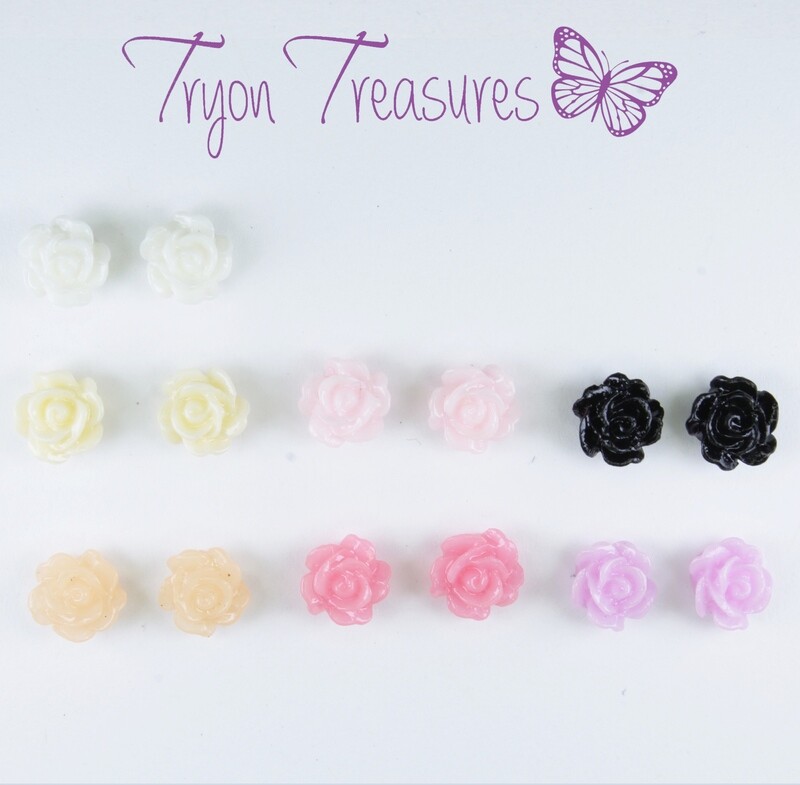 Flower Tiny Rose Earrings, 6mm, 7 Colors Hypoallergenic Stud, Clip-on or Magnetic