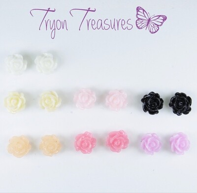Flower Tiny Rose Earrings, 6mm, 7 Colors Hypoallergenic Stud, Clip-on or Magnetic