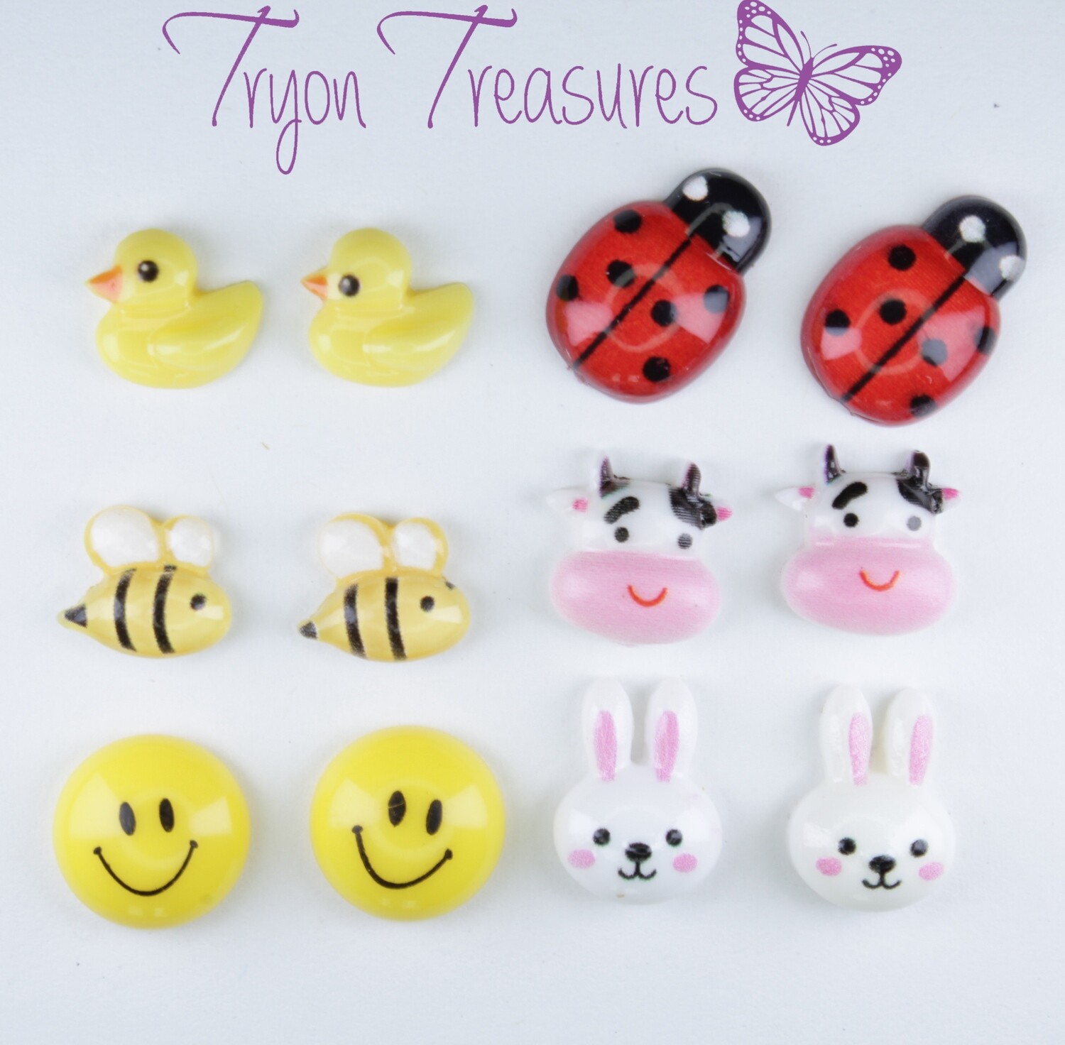 Resin Animal Earrings, Bumble Bee, Ladybug, Bunny, Rubber Duck, Cow Hypoallergenic Stud, Clip-on or Magnetic