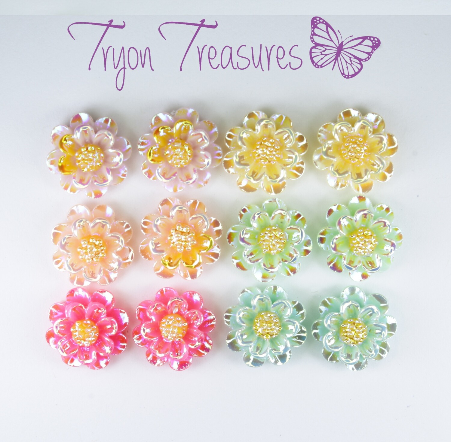 Flower Sparkle Peony Earrings, 12mm, 6 Colors Hypoallergenic Stud, Clip-on or Magnetic