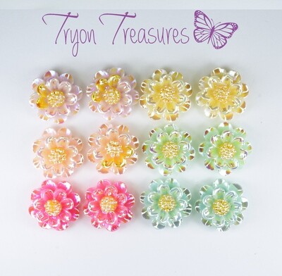 Flower Sparkle Peony Earrings, 12mm, 6 Colors Hypoallergenic Stud, Clip-on or Magnetic