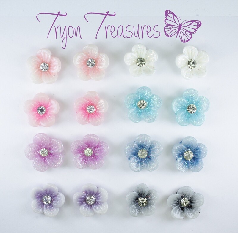 Flower Tropical Sparkle Earrings, 8 Colors Hypoallergenic Stud, Clip-on or Magnetic