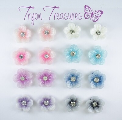 Flower Tropical Sparkle Earrings, 8 Colors Hypoallergenic Stud, Clip-on or Magnetic