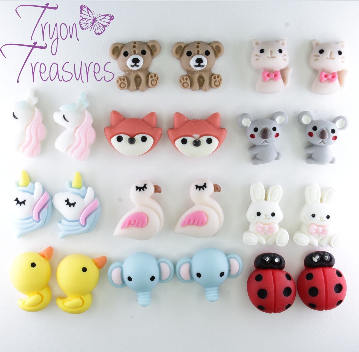 Resin Large Animal Earrings, Teddy Bear, Flamingo, Cat, Rubber Duck, Ladybug, , Hypoallergenic Stud, Clip-on or Magnetic