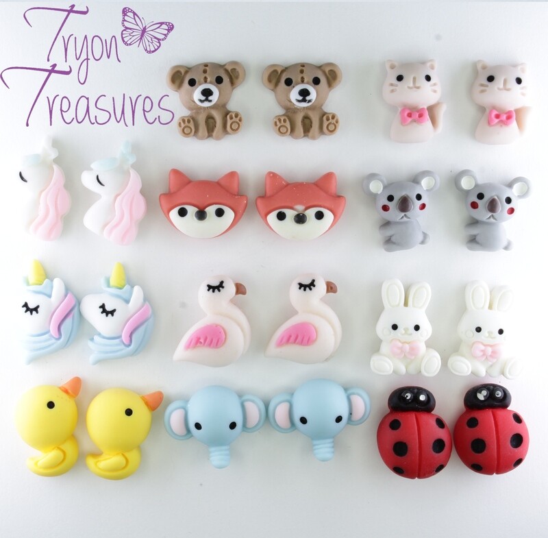 Resin Large Animal Earrings, Teddy Bear, Flamingo, Cat, Rubber Duck, Ladybug, , Hypoallergenic Stud, Clip-on or Magnetic