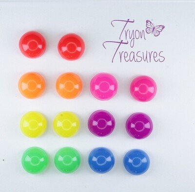 Round Neon Candy Dot Earrings, 6mm or 8mm, 7 colors, Hypoallergenic Stud, Clip-on or Magnetic