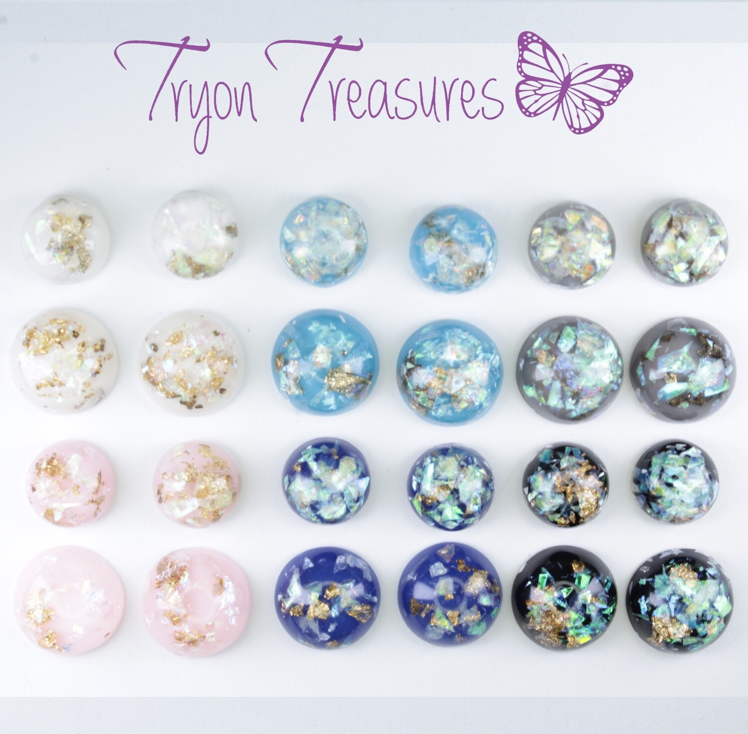 Round Resin Iridescent and Gold Flake Earrings, 8mm and 10mm, 6 colors, Hypoallergenic Stud, Clip-on or Magnetic