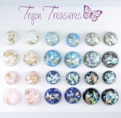Round Resin Iridescent and Gold Flake Earrings, 8mm and 10mm, 6 colors, Hypoallergenic Stud, Clip-on or Magnetic