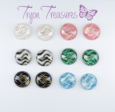 Resin Round Wave Earrings, 10mm, 6 colors, Hypoallergenic Stud, Clip-on or Magnetic