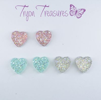 Druzy Resin Heart Charm Earrings, 3 colors, 8mm, Hypoallergenic Stud, Clip-on or Magnetic