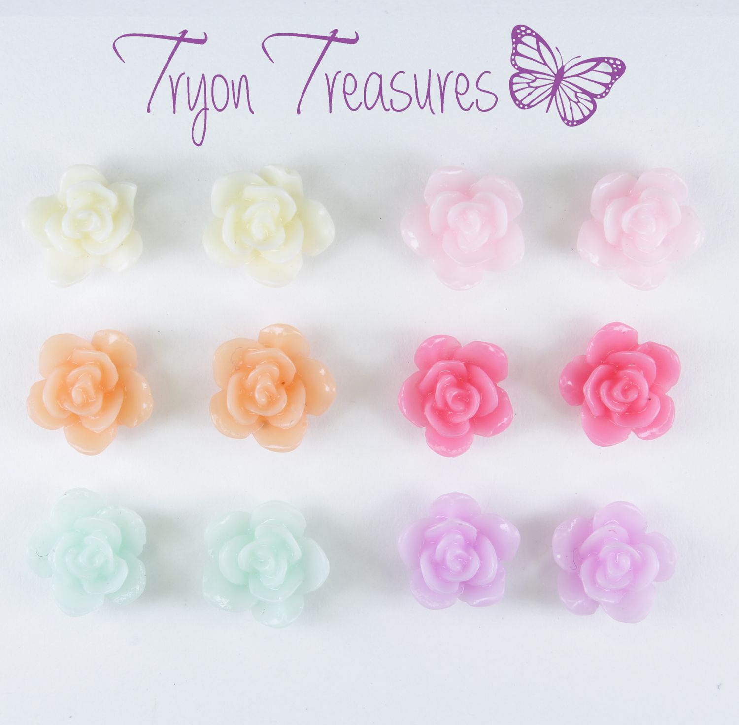 Flower Rose Earrings, 7mm, 6 Colors Hypoallergenic Stud, Clip-on or Magnetic