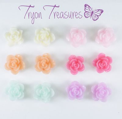 Flower Rose Earrings, 7mm, 6 Colors Hypoallergenic Stud, Clip-on or Magnetic