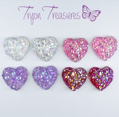 Druzy Resin Heart Earrings, 4 colors, 12mm size, Hypoallergenic Stud, Clip-on or Magnetic