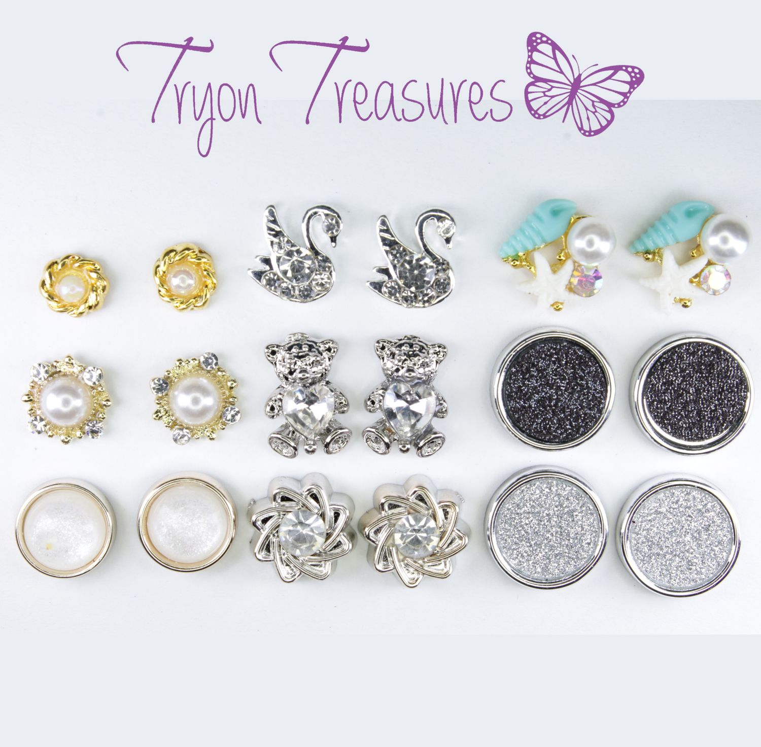 Fancy Gold and Silver Setting Earrings, 6mm, 10mm, 12mm, Many styles including Teddy Bear and Swan Hypoallergenic Stud, Clip-on or Magnetic