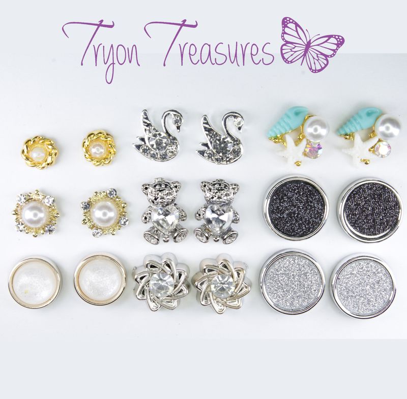 Fancy Gold and Silver Setting Earrings, 6mm, 10mm, 12mm, Many styles including Teddy Bear and Swan Hypoallergenic Stud, Clip-on or Magnetic
