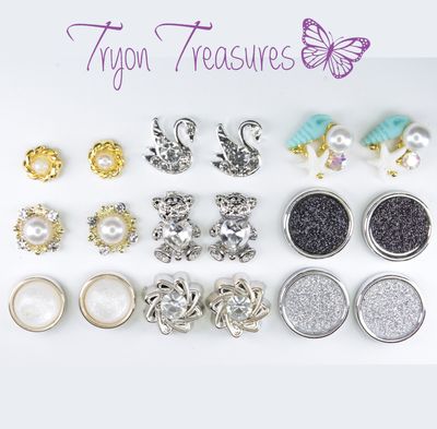 Fancy Gold and Silver Setting Earrings, 6mm, 10mm, 12mm, Many styles including Teddy Bear and Swan Hypoallergenic Stud, Clip-on or Magnetic
