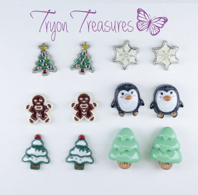 Resin Christmas Winter Earrings, Penguin, Tree, Gingerbread Man, Snow, Hypoallergenic Stud, Clip-on or Magnetic