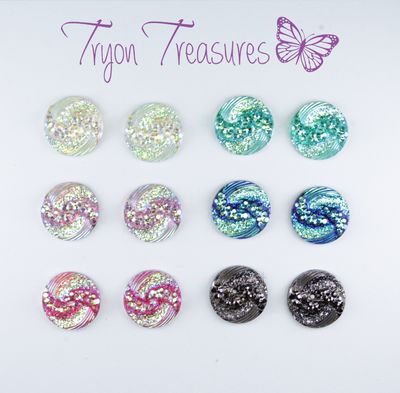 Resin Round Sparkle Twist Earrings, 10mm, 6 colors, Hypoallergenic Stud, Clip-on or Magnetic