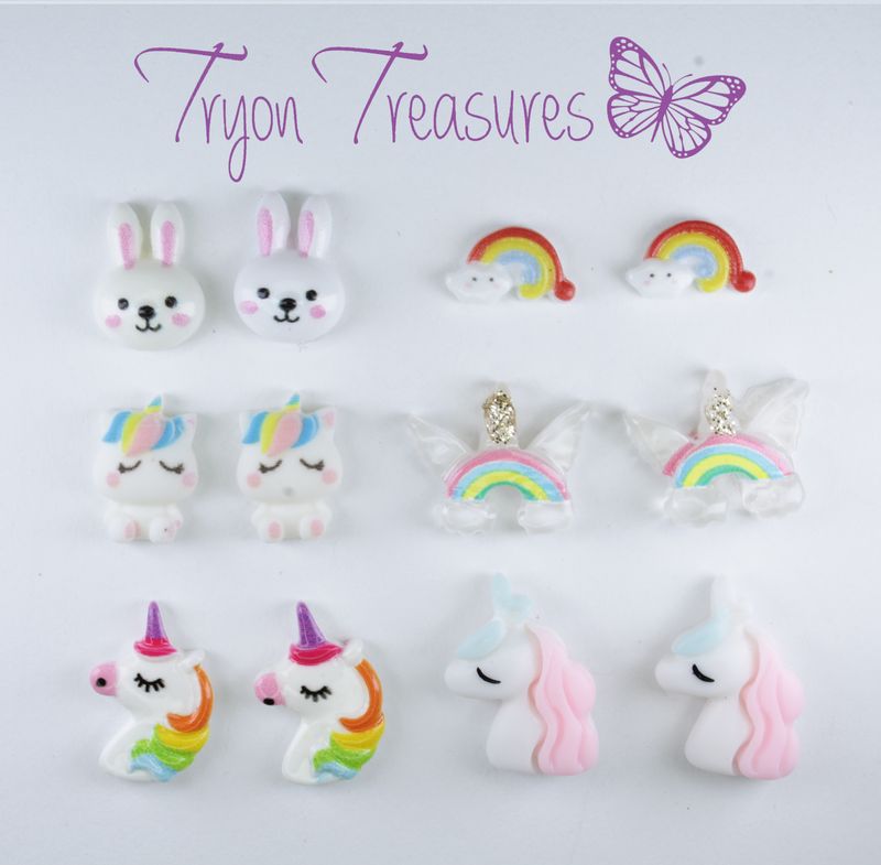 Resin Unicorn Rainbow Earrings, 6 Styles, Hypoallergenic Stud, Clip-on or Magnetic