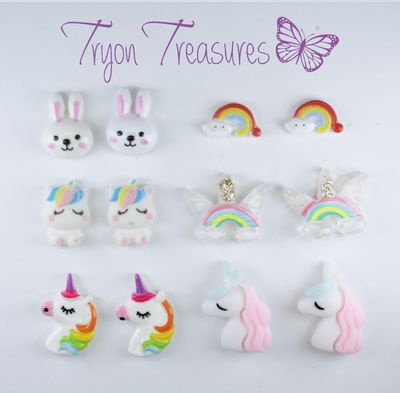 Resin Unicorn Rainbow Earrings, 6 Styles, Hypoallergenic Stud, Clip-on or Magnetic