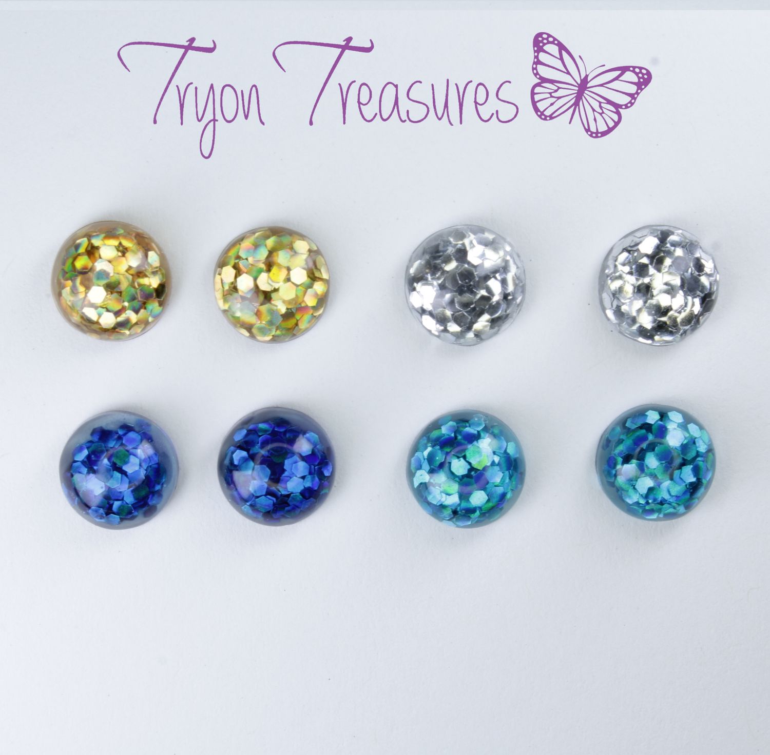 Round Glitter Earrings, 8mm, 4 colors, Hypoallergenic Stud, Clip-on or Magnetic