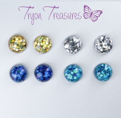 Round Glitter Earrings, 8mm, 4 colors, Hypoallergenic Stud, Clip-on or Magnetic