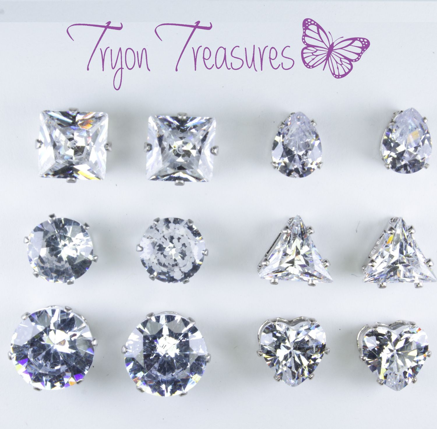 Zircon Diamond Earrings, Silver Setting - Hypoallergenic Stud, Clip-on or Magnetic