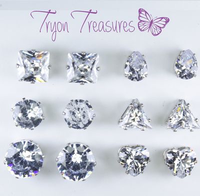 Zircon Diamond Earrings, Silver Setting - Hypoallergenic Stud, Clip-on or Magnetic