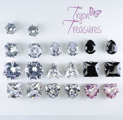 Zircon Diamond Earrings, Square, Teardrop or Triangle, Heart, or Round. Clear, Black or pink - Hypoallergenic Stud, Clip-on or Magnetic