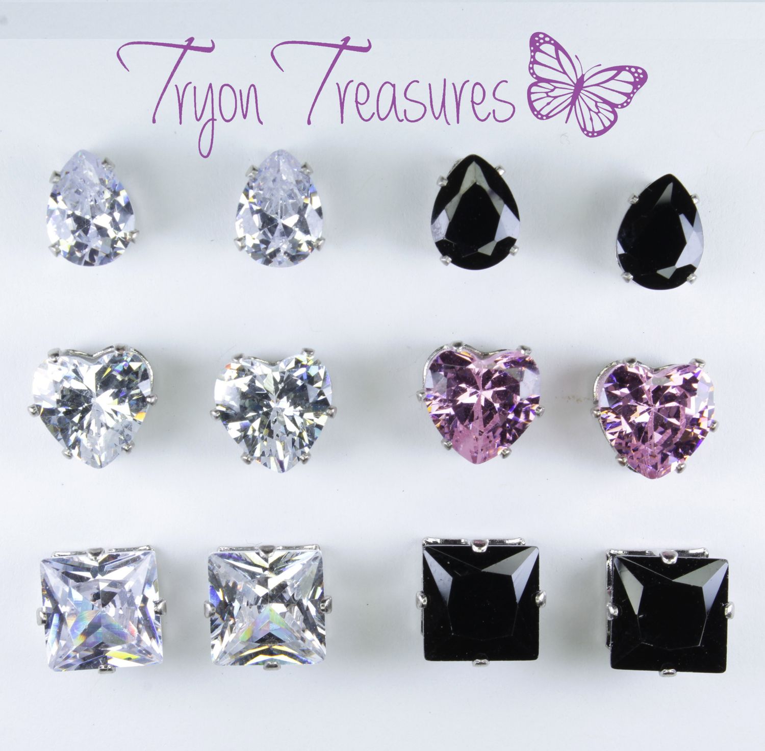 Zircon Diamond Heart , Teardrop or Square Earrings, 8mm, Clear, Black or Pink - Hypoallergenic Stud, Clip-on or Magnetic