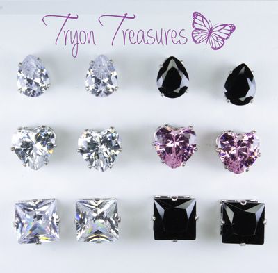 Zircon Diamond Heart , Teardrop or Square Earrings, 8mm, Clear, Black or Pink - Hypoallergenic Stud, Clip-on or Magnetic