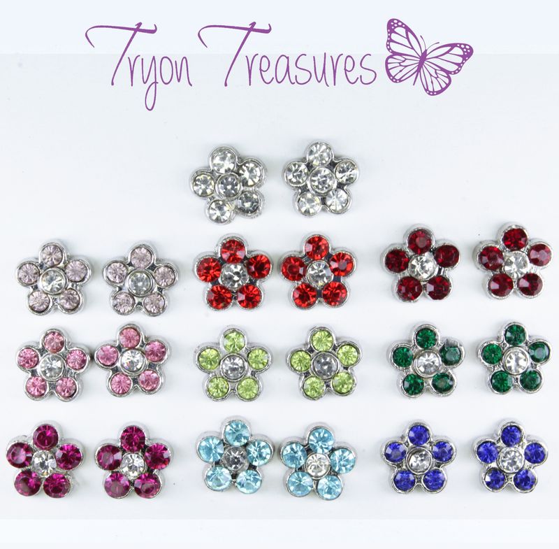 Charm Flower Birthstone Earrings, 10 Colors, Hypoallergenic Stud, Clip-on or Magnetic