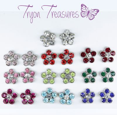 Charm Flower Birthstone Earrings, 10 Colors, Hypoallergenic Stud, Clip-on or Magnetic