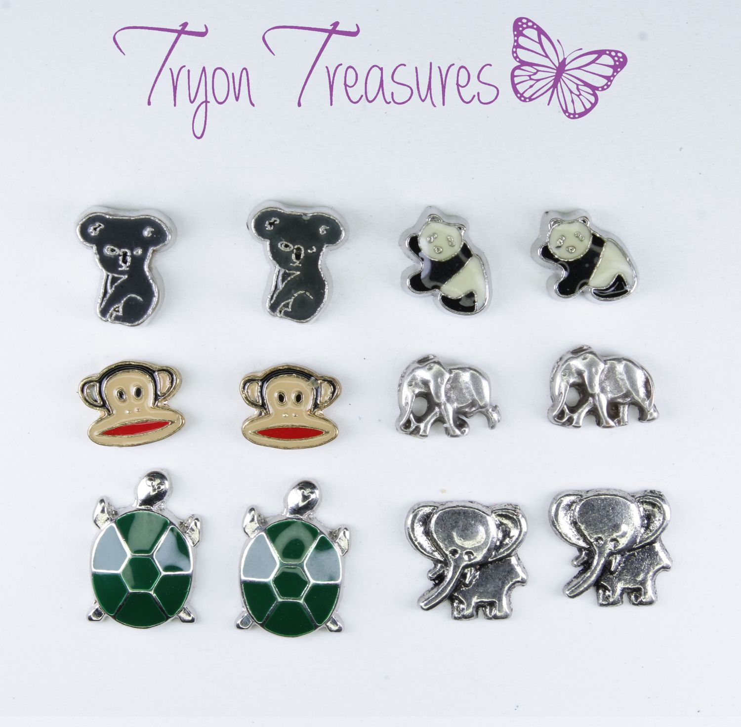 Tryon Treasures, TryonTreasures.com, TryonTreasures Magnetic Earrings, Koala Earrings, Panda, Earrings, Monkey Earrings, Elephant Earrings, Turtle Earrings. Hypoallergenic Earrings, Magnetic Earrings, Clip-on Earrings, Invisible Earrings. 8mm, 10mm, Charm Earrings, Silver Earrings, Cute, Girls, Lovely.