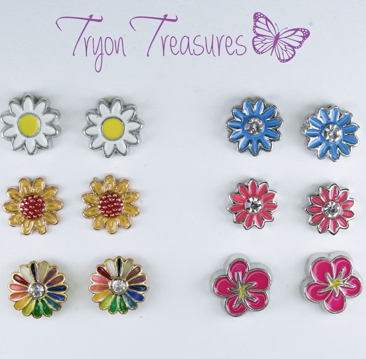 Charm Flower Earrings, 6 Colors, Hypoallergenic Stud, Clip-on or Magnetic
