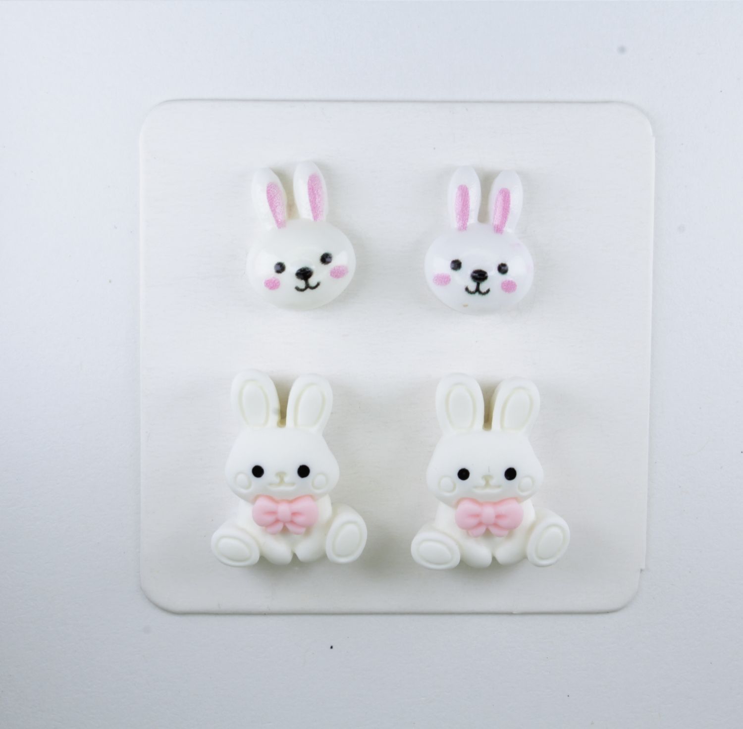 Resin Animal Earrings 2-pack, Bunny Rabbit, Hypoallergenic Stud, Clip-on or Magnetic