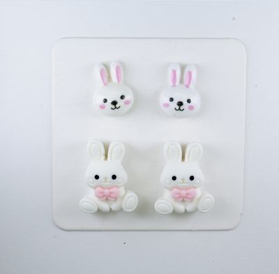 Resin Animal Earrings 2-pack, Bunny Rabbit, Hypoallergenic Stud, Clip-on or Magnetic