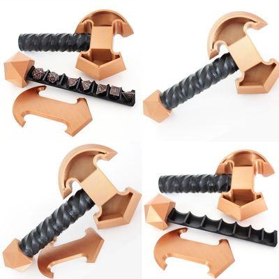 Copper and Black Axe dice storage.  Holds 7 dice plus extra storage.  This 3D printed AXE is magnetic and holds the dice in well.
