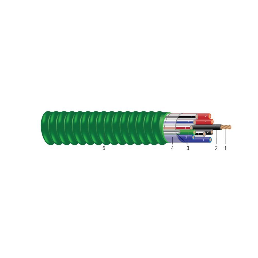 Cable MC-AP™ HCF tipo MC de uso general para instalaciones hospitalarias THHN/THWN tamaño de circuito, armadura de aluminio verde con identificación de fase. 10 AWG 6 hilos — Verde