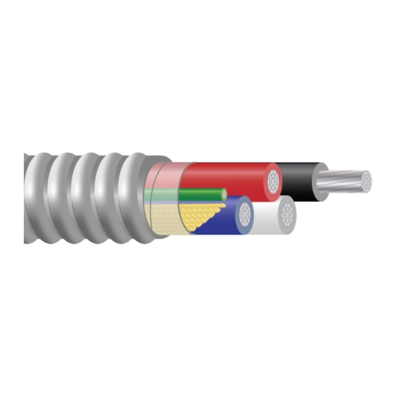 Cable alimentador de conductor de aluminio THHN/THWN tipo MC Armorlite® con tierra verde aislada, colores 120/208V 600 KCMIL 4 hilos — Negro