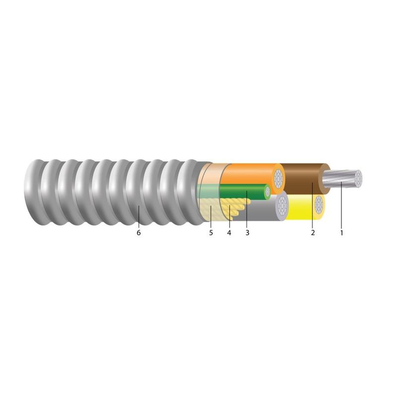 Cable alimentador de conductor de aluminio THHN/THWN tipo MC Armorlite® con tierra verde aislada, colores 277/480V 500 KCMIL 4 hilos — Amarillo