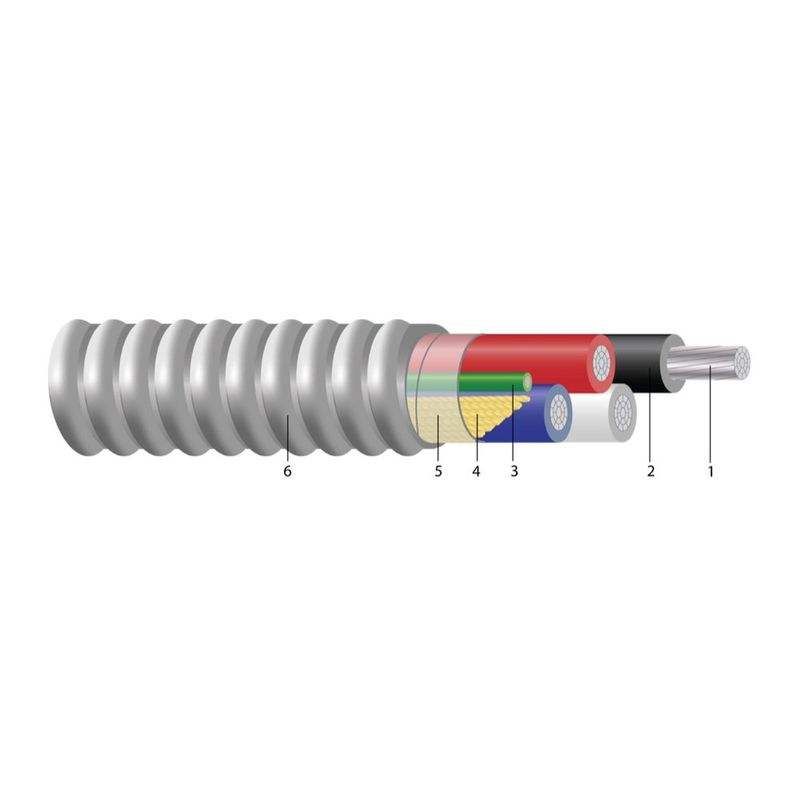 Cable alimentador de conductor de aluminio XHHW-2 tipo MC Armorlite® clasificado a 600 o 1000 voltios. Libre de silicona 6 AWG 6 hilos