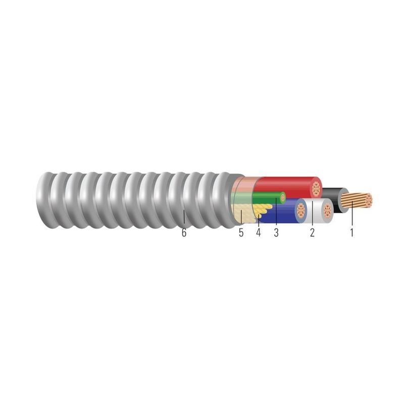 Cable alimentador de conductor de cobre THHN/THWN tipo MC Armorlite®, colores 120/208V. Libre de silicona 600 KCMIL 4 hilos — Negro