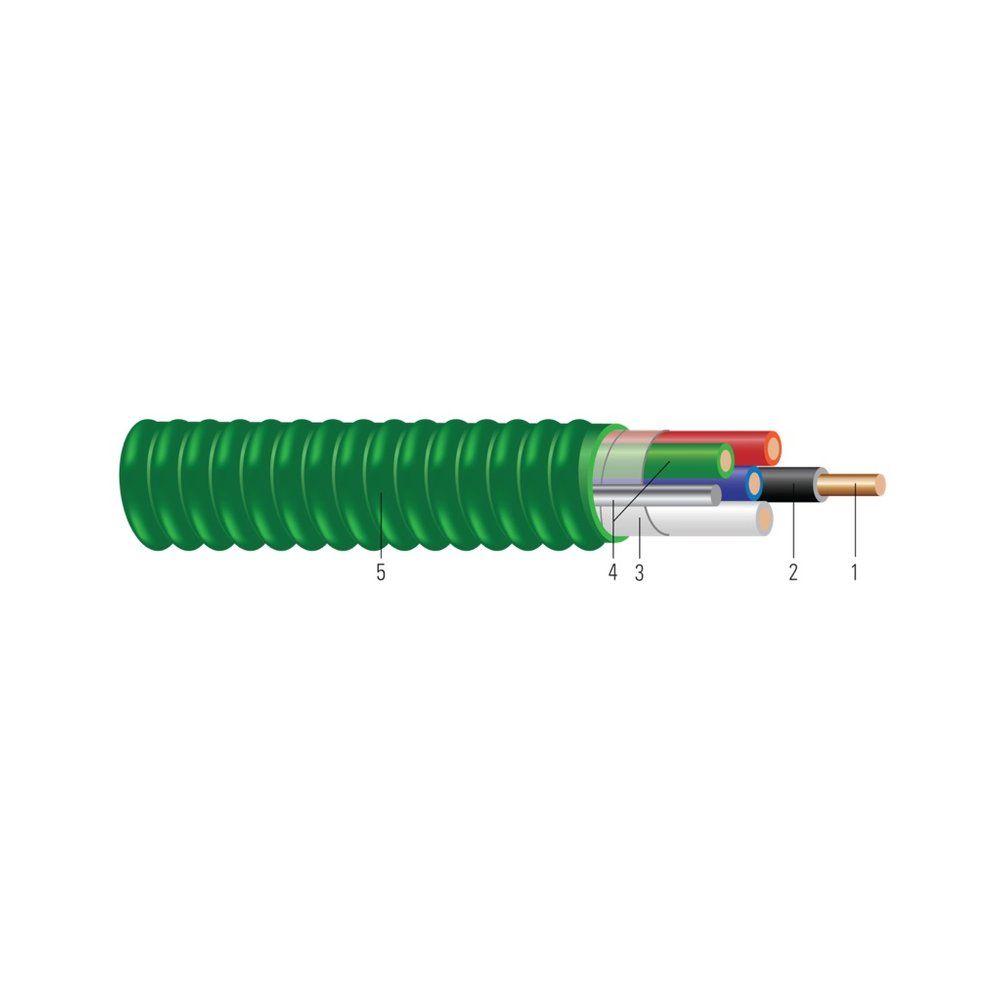 Conductor de cobre THHN/THWN tipo MC MC-AP™ HCF uso hospitalario Duraclad™, armadura de acero galvanizado verde 10 AWG 3 hilos — Negro, 1000 pies