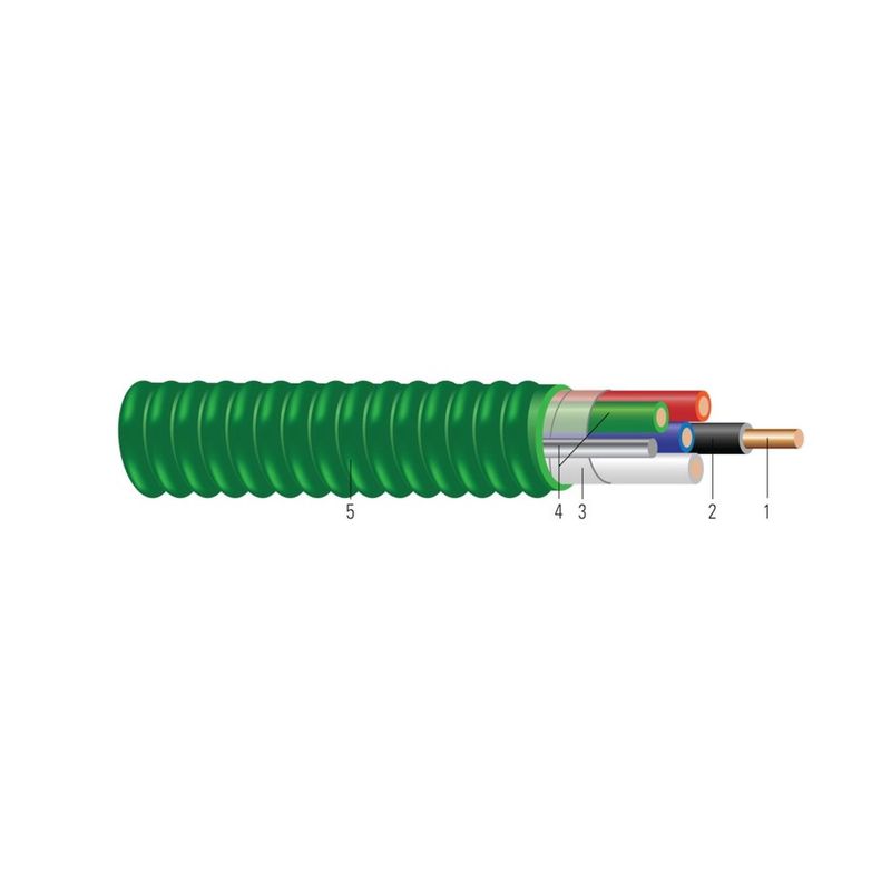 Conductor de cobre THHN/THWN tipo MC MC-AP™ HCF uso hospitalario, colores 120/208V, armadura de aluminio verde 12 AWG 4 hilos — Negro, 1000 pies