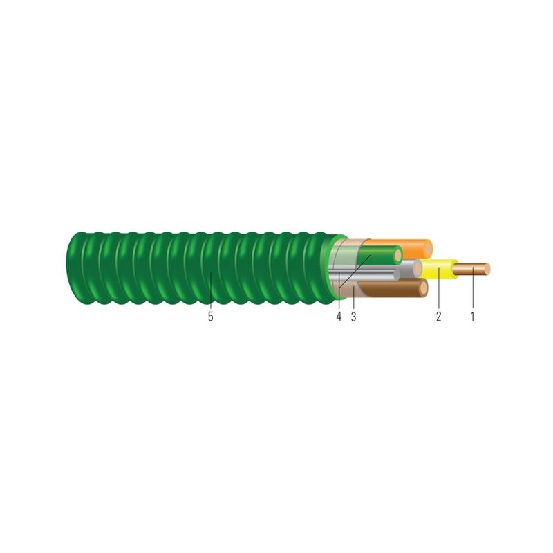 Conductor de cobre THHN/THWN tipo MC MC-AP™ HCF uso hospitalario, colores 277/480V, armadura de aluminio verde 12 AWG 2 hilos — Verde, 250 pies