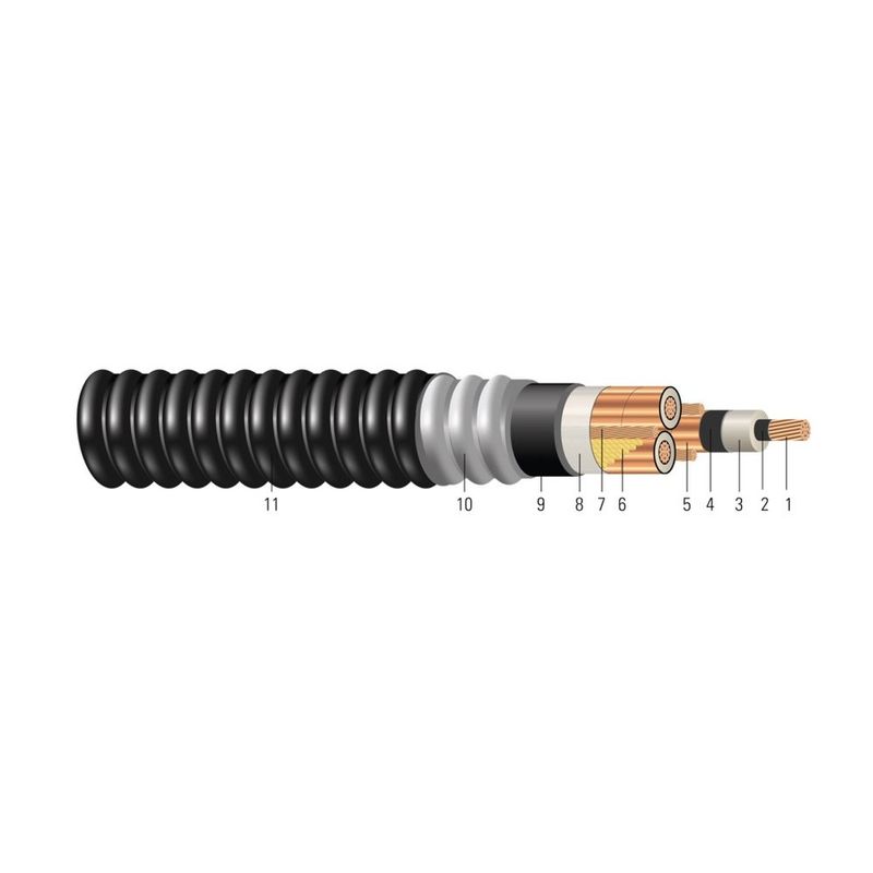 Cable Cobre comprimido 15kV con aislamiento NLEPR 133% IL, armadura AIA, cubierta CPE negra. MV 105 - Apto para charola - Resistente a la luz solar - Para 4/0 AWG 19 hilos — Negro