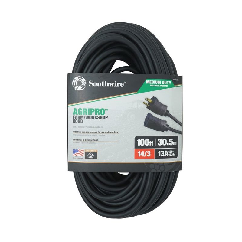 SOUTHWIRE, CABLE DE EXTENSIÓN AGRIPRO 14/3 SJTOW 100' NEGRO PARA EXTERIORES TALLER/GRANJA