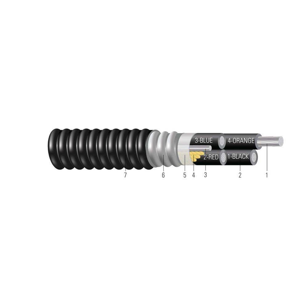 Cable AL 600/1000V Aislamiento XLPE Armadura AIA Cubierta de PVC XHHW-2. Clasificado para Charola (CT) - Resistente a la Luz Solar - Para Enterramiento 750 KCMIL 4 hilos — Negro