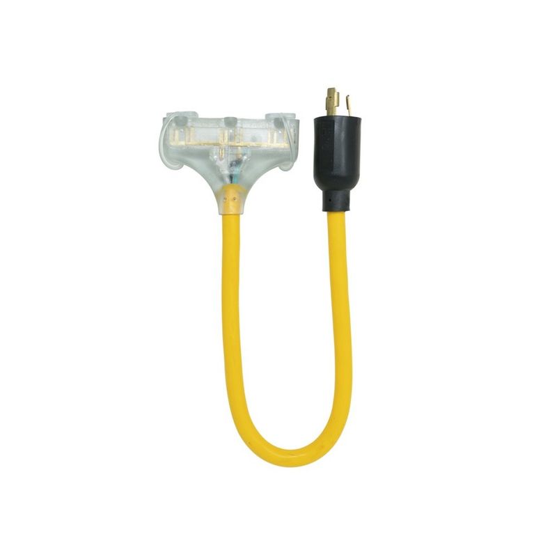 SOUTHWIRE, ADAPTADOR "W" DE GIRO Y BLOQUEO (TWIST-TO-LOCK) PARA GENERADOR 12/3 STW 2' AMARILLO CON CLAVIJA NEGRA NEMA L5-20 Y (3) TOMACORRIENTES 5-15 CON INDICADOR LUMINOSO DE ENERGÍA